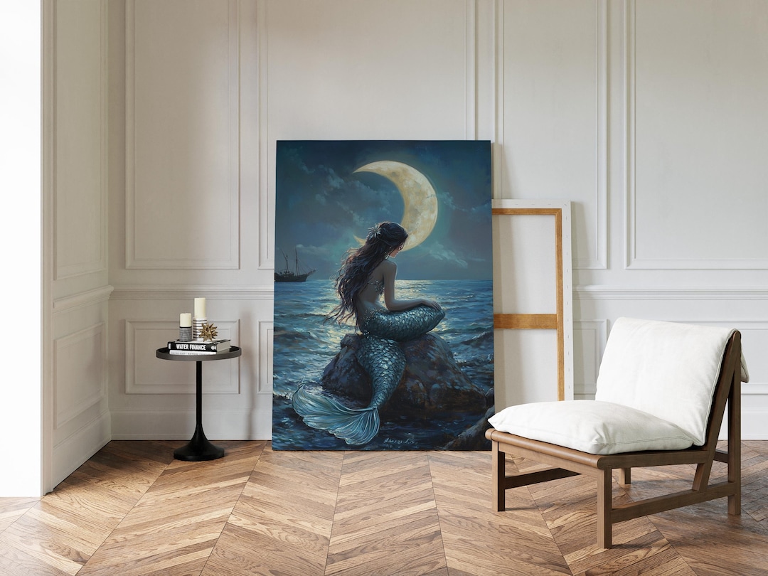 Crescent Moon Mermaid Canvas Wall Art, Mystical Ocean Siren