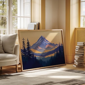 Mountain Landscape Wall Art | Sunset Forest Canvas with Pine Trees and Peaks | Nature Adventure Inspired Artwork for Cabin or Modern Home