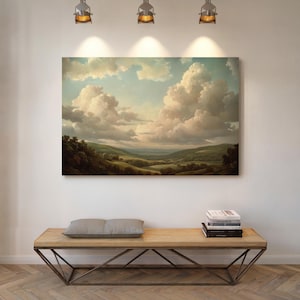 Vintage Ölgemälde Wolken über Hügel Landschaft Leinwand Kunst | Romantische pastorale Himmel-Wand-Dekor | Serene Sky gerahmter Posterdruck