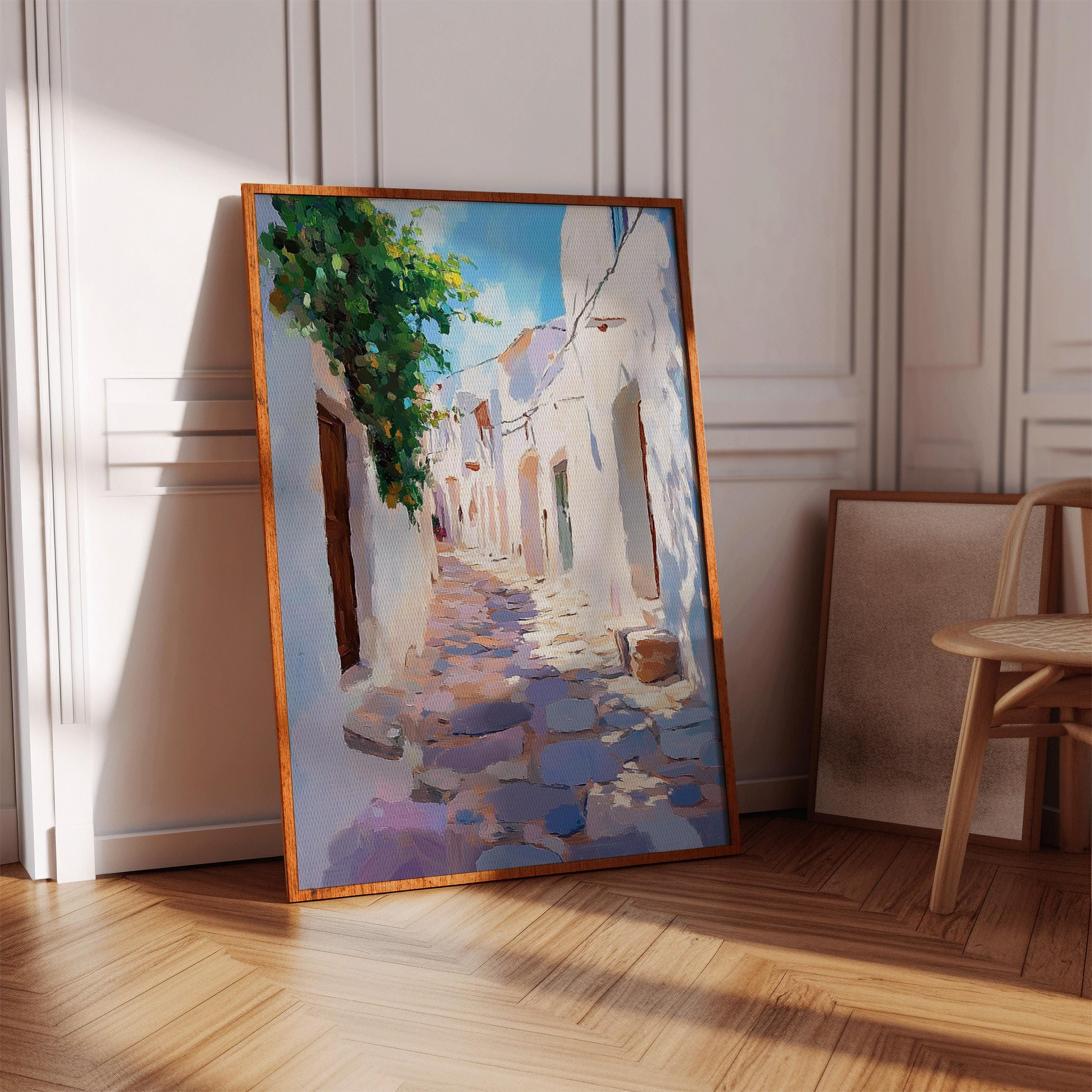 Greek Island Street Canvas, Whitewashed Village Alleyway, Mediterranean Travel Art, Santorini Mykonos Inspired Wall Decor