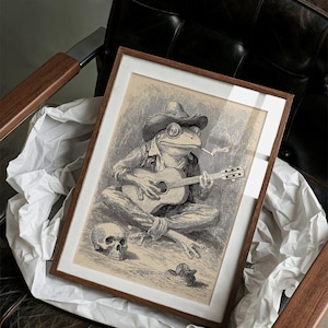 Vintage Frog Musician Canvas Wall Art | Antique Etching Style Illustration | Whimsical Gothic Folk Art Poster