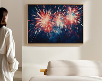 愛国的な花火のキャンバス壁アート | 赤、白、青の抽象的な爆発の絵画