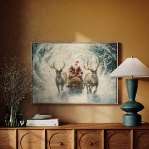 Santa Sleigh Ride with Reindeer Canvas Art – Framed Christmas Decor, Winter Snow Scene, Holiday Wall Art, Perfect Gift for Home or Office