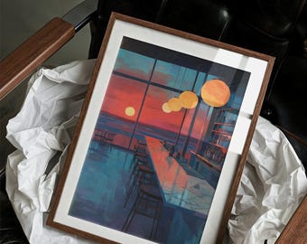 Könnte beinhalten: Ein gerahmter Kunstdruck mit einer Sonnenuntergangsszene in einer Bar. Das Kunstwerk hat eine warme Farbpalette aus Orange, Rot und Blau. Der Druck befindet sich in einem braunen Holzrahmen und liegt auf weißem Papier, das auf einem Ledersessel platziert ist.