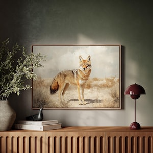 Desert Coyote Canvas Wall Art – Vintage Style Wildlife Painting of a Coyote in Sunlit Southwest Landscape