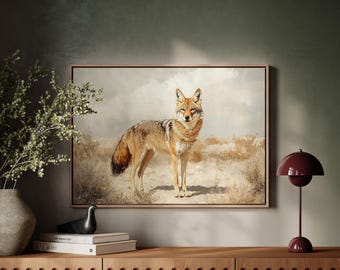 Desert Coyote Canvas Wall Art – Vintage Style Wildlife Painting of a Coyote in Sunlit Southwest Landscape