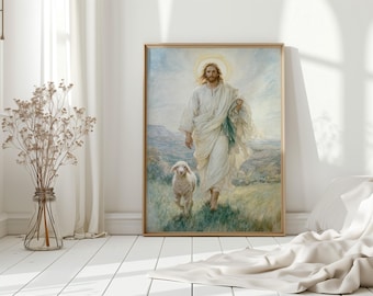 Jesus Walking with Lamb Canvas Wall Art, Christian Religious Artwork of the Good Shepherd, Spiritual Faith-Based Home Décor Print