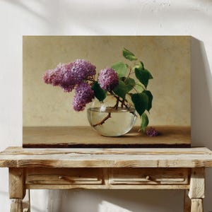Elegant Lilac Blooms in Glass Vase Still Life Canvas Wall Art – Vintage Floral Painting with Soft Beige Background for Timeless Home Décor