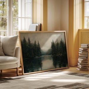 Moody Pine Forest Lake Canvas Wall Art | Misty Reflections Landscape Painting | Rustic Woodland Nature Scene for Cabin or Home Decor