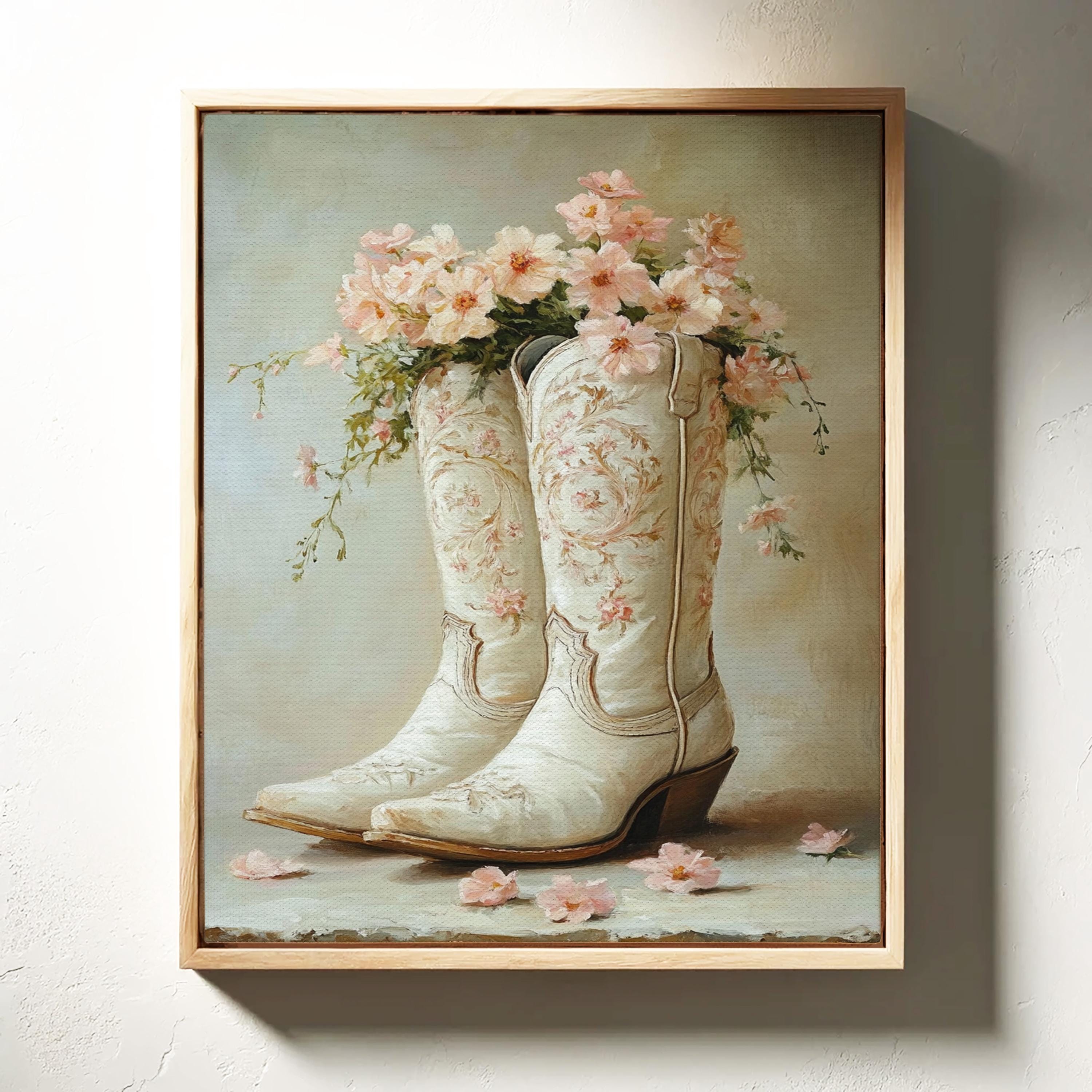 Stampa floreale con stivali da cowboy rosa: arte murale eclettica western - Italia