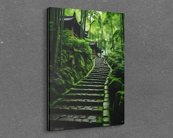 Bamboo Forest with a Winding Path Canvas Wall Art Painting, Canvas Wall Print, Nature Wall Art, Green Forest Print, Forest Wall Art Kooly