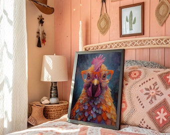 Colorful Chicken with Glasses Funny Farmhouse Wall Art
