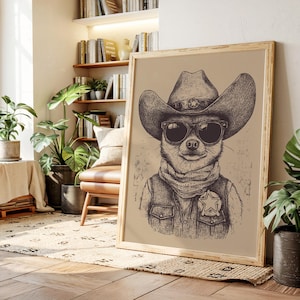 Cowboy Dog Sheriff Canvas Art, Funny Western Dog Wall Decor, Rustic Farmhouse Animal Print, Cool Dog Poster for Country Style Home