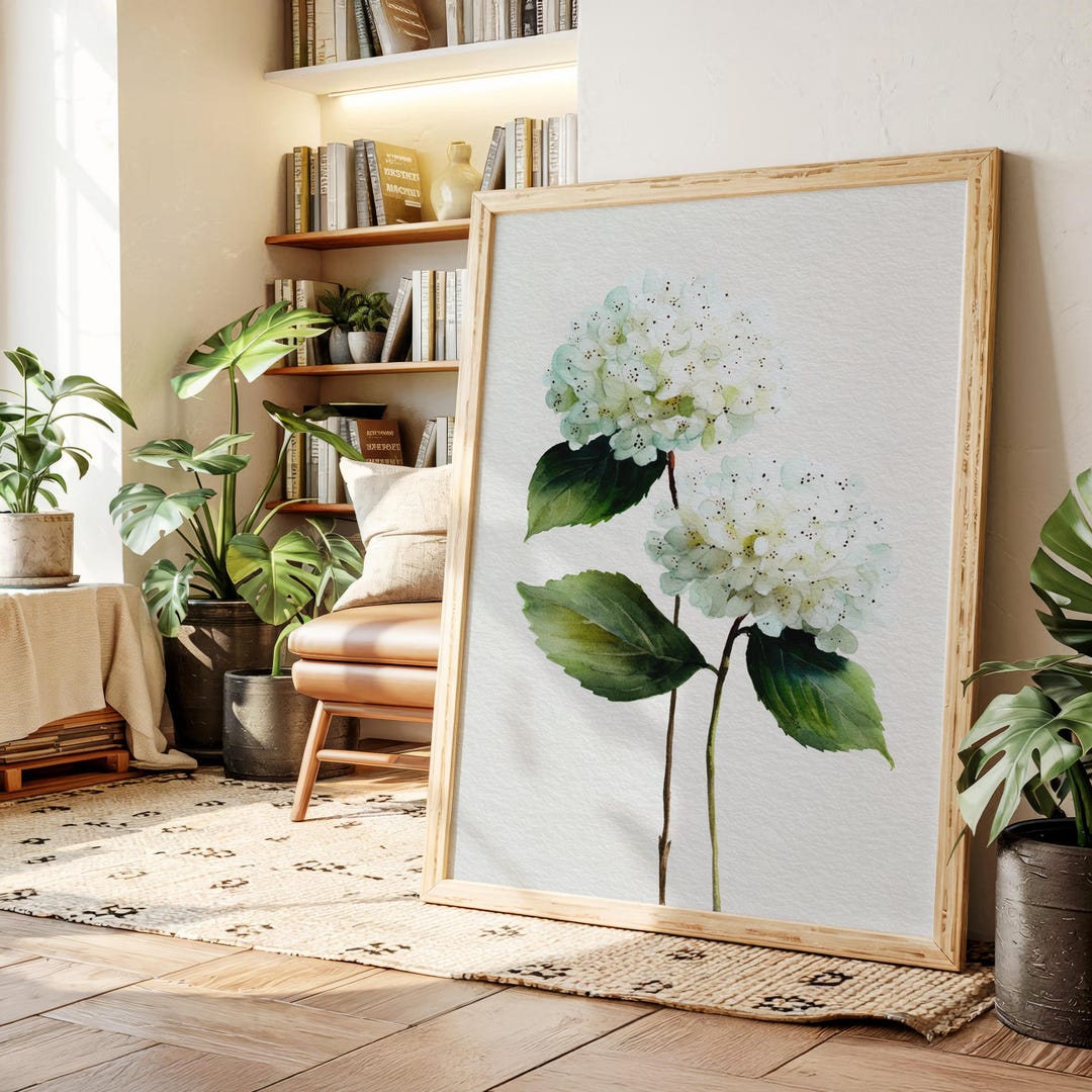 White Hydrangea Watercolor Botanical Print, Minimalist Floral Wall Art ...