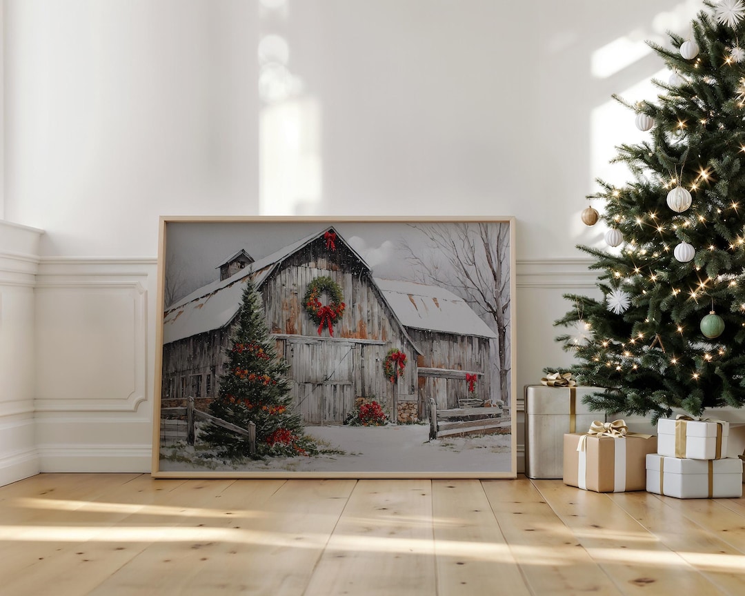 Rustic Barn Christmas Canvas Wall Art | Vintage Farmhouse Holiday ...