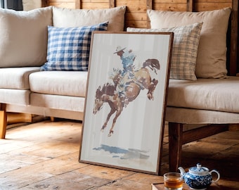 Westerse aquarelkunst cowboy op boksend paard