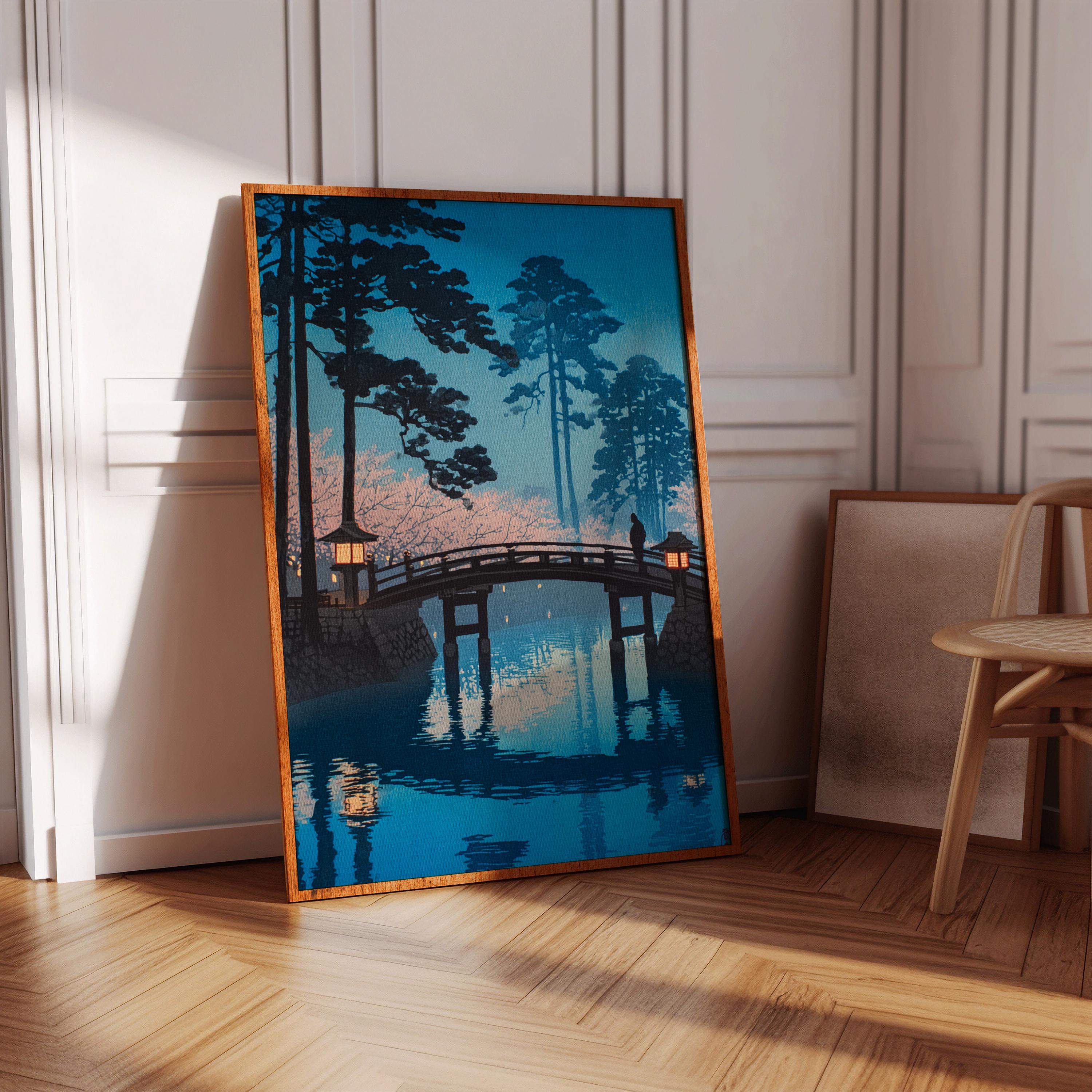 Japanese Cherry Blossom Bridge at Dusk with Lantern Light Reflections – Tranquil Woodblock Style Landscape Wall Art for Serene Decor