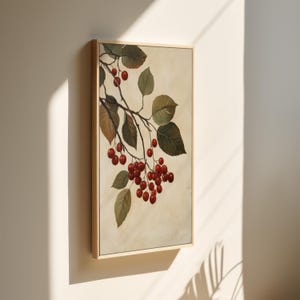 Vintage Botanical Canvas Art, Red Berries Wall Decor, Rustic Nature Print, Farmhouse Style Painting, Antique Botanical Poster