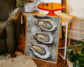 Oyster Canvas Wall Art, Rustic Oyster Painting Kitchen Decor, Coastal Seafood Art Print, Nautical Wall Decor for Beach Home or Bar
