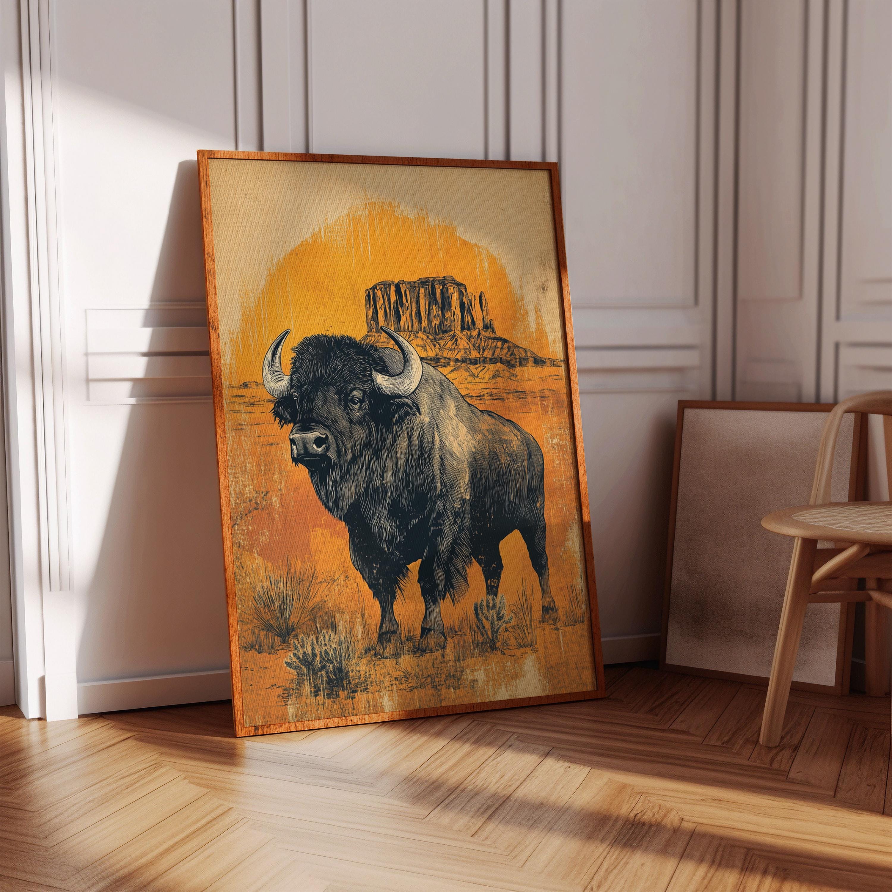 Bison Wall Art Print With Desert Landscape, Vintage Buffalo Canvas ...