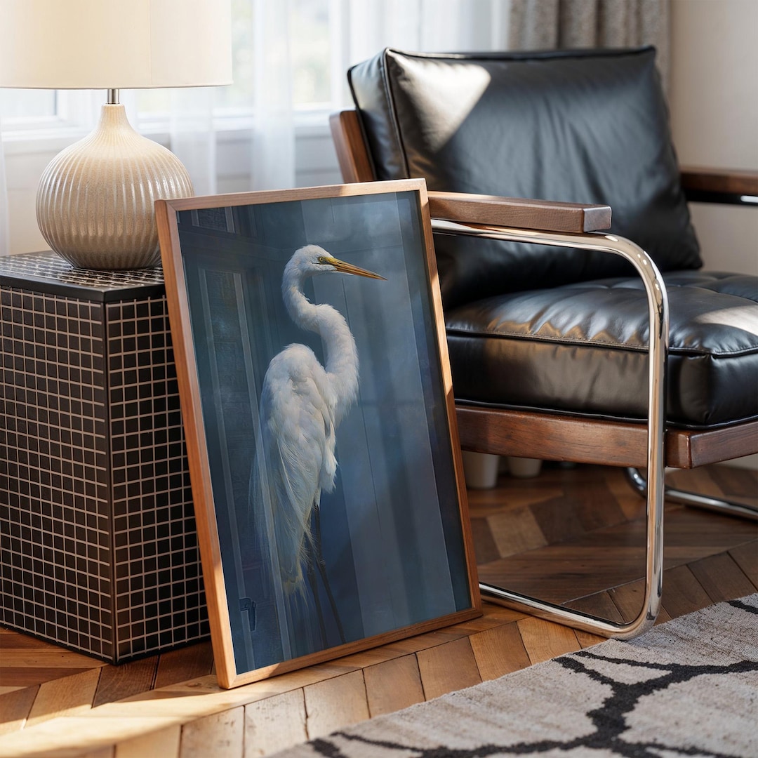 Elegant White Egret Wall Art | Moody Coastal Bird Portrait With Deep ...