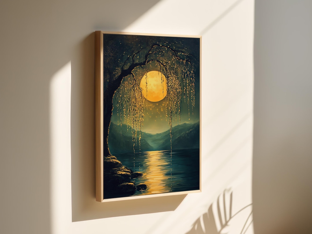 Enchanted Willow Tree by Moonlit Lake – Mystical Golden Moon Canvas ...