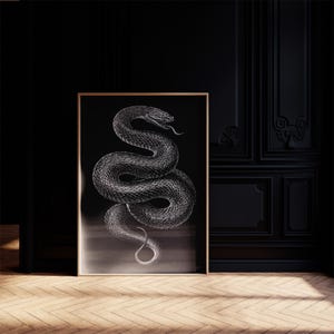 May include: A framed monochrome illustration of a snake. The snake is depicted in a coiled pose, with its tongue extended. The artwork is displayed in a room with dark walls and a wooden floor, creating a striking contrast.