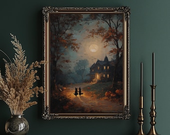 May include: A framed painting depicts a spooky Halloween scene. Two figures in witch hats walk down a path toward a haunted house, illuminated by a full moon. The artwork is set in a forest with autumn foliage and pumpkins.