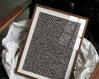 Tela astratta moderna in bianco e nero, stampa artistica con labirinto di linee minimali, decorazione murale con motivo geometrico contemporaneo