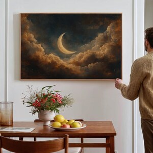 Crescent Moon and Golden Clouds Canvas Art - Dreamy Night Sky Wall ...