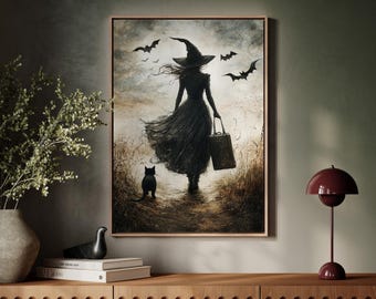Enigmatic Witch with Black Cat and Bats Canvas Art - Gothic Halloween Decor, Spooky Wall Artwork for Witchcraft-Inspired Spaces