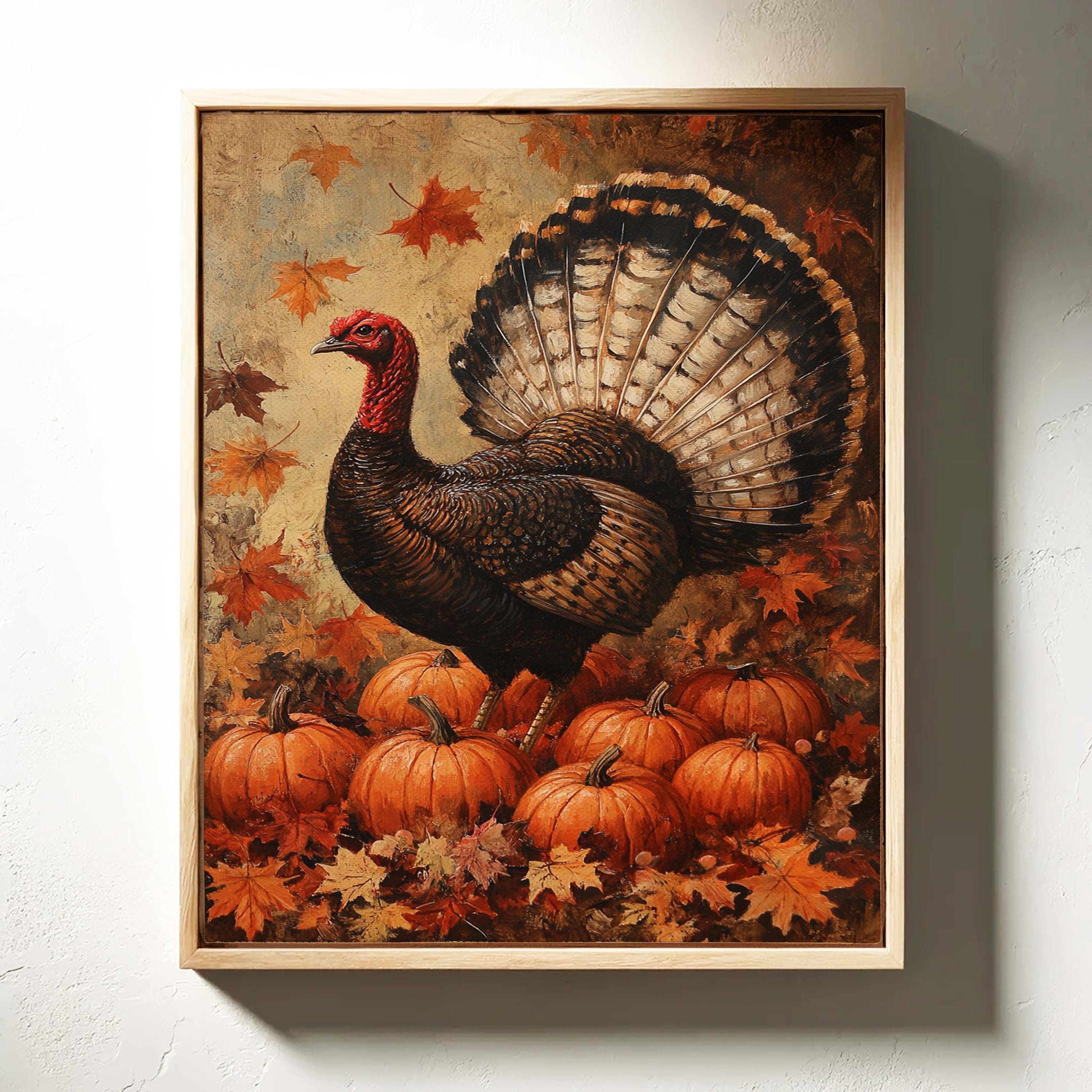 Thanksgiving Turkey Canvas Art | Autumn Pumpkins & Leaves | Rustic Fall Farmhouse Wall Decor