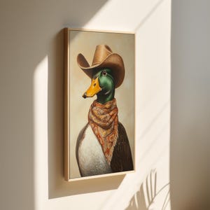 Cowboy Ente Wandkunst, lustiges Stockenten Porträt, Western Bauernhaus Dekor, rustikale Ente Leinwand, wunderliche Tierdruck, Land Vogel Malerei