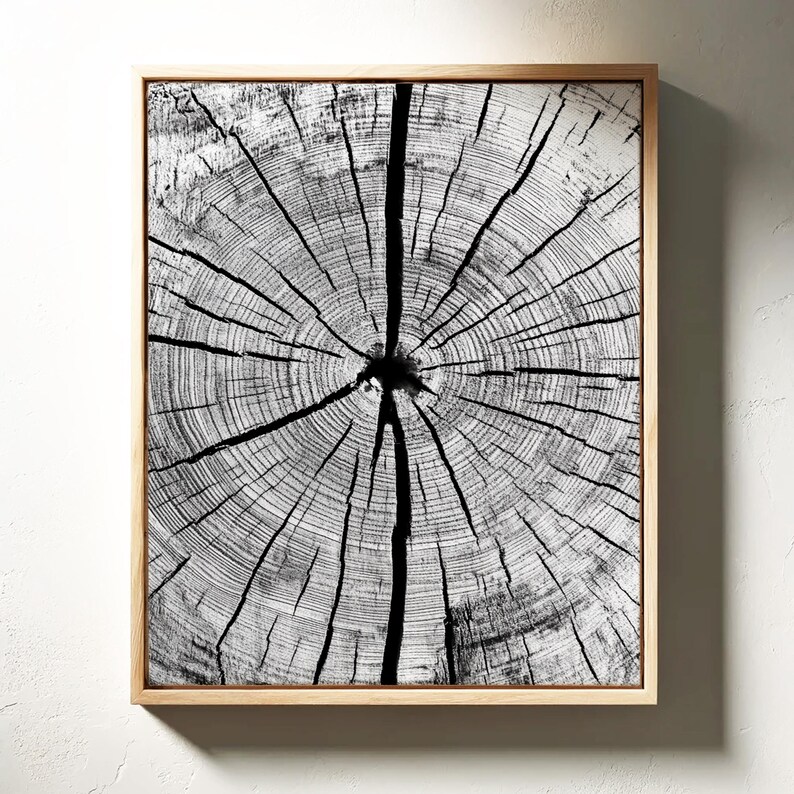 Monochrome Tree Ring Wall Art Black and White Wood Cross Section Print