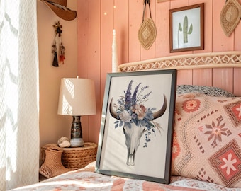 Floral Longhorn Skull Wall Art, Boho Western Decor Canvas, Rustic Farmhouse Cow Skull Print, Southwest Floral Art for Ranch Style Home