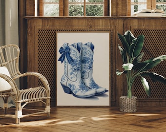 Botas vaqueras azules con flores y lazo estilo western art