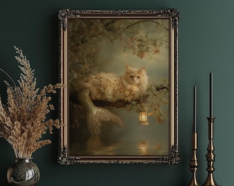 Enchanted Mermaid Cat on Moonlit Branch – Whimsical Fantasy Feline Art, Magical Lantern Glow, Dreamy Pastel Canvas Wall Decor