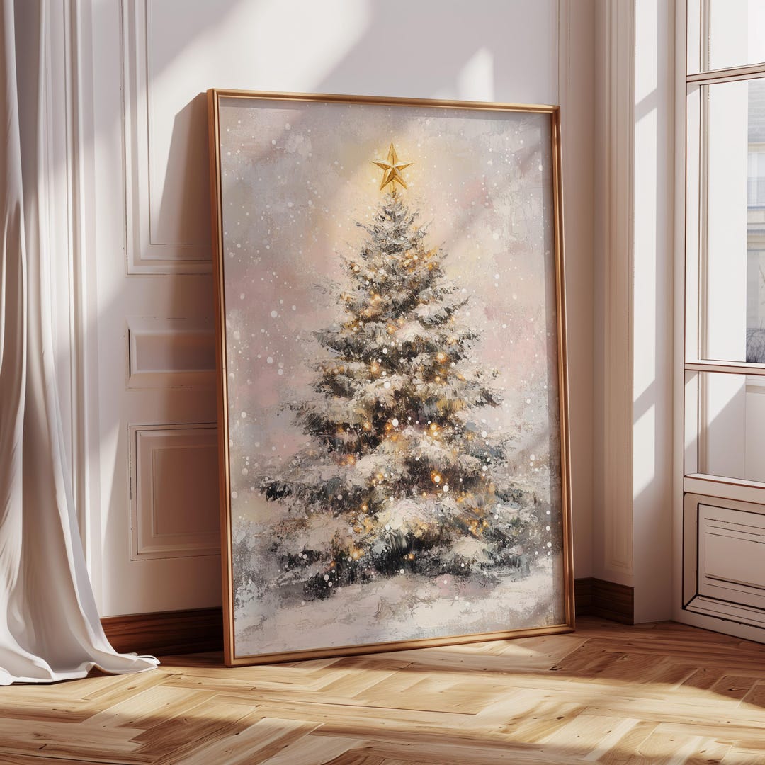 Snowy Christmas Tree With Golden Star and Twinkling Lights | Festive ...
