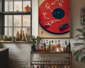 Japanse koivissen platenspelerkunst, modern Aziatisch muurdecor, rode vinylmuziekprint, symbool van harmonie en flow canvas poster