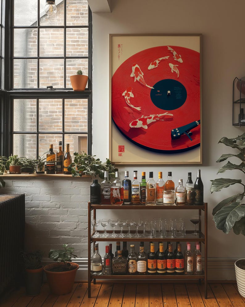 A stunning fusion of modern and traditional art — koi fish swimming across a red vinyl record. This Japanese-inspired canvas symbolizes harmony and flow, blending music and zen culture into one unique, eye-catching wall decor piece.