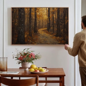 Autumn Forest Canvas Art, Fall Foliage Wall Decor, Woodland Path Oil Painting, Cozy Nature Print, Rustic Landscape Artwork