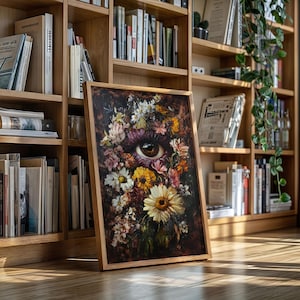 Surreal Floral Eye Canvas Wall Art – Botanical Eyeball Painting with Wildflowers, Dark Romantic Aesthetic, Unique Visionary Decor