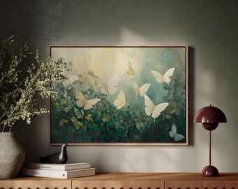 Elegant White Butterfly Canvas Wall Art - Textured Oil Painting of Butterflies in Nature - Serene Home Decor for Living Spaces