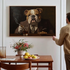 Bulldog Gentleman Canvas - Vintage Dog Art - Whiskey Cigar Lounge Decor - Mafia Bulldog Print - Funny Sophisticated Animal Painting