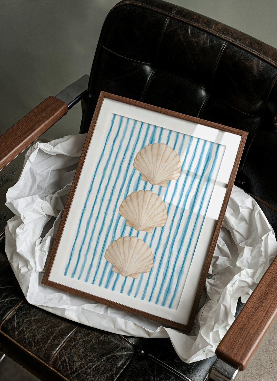 Coastal Shell Wall Art | Blue Stripe Beach Decor | Nautical Seashell ...
