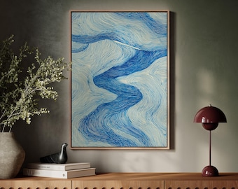流れる青い川の線抽象画 - Etsy 日本