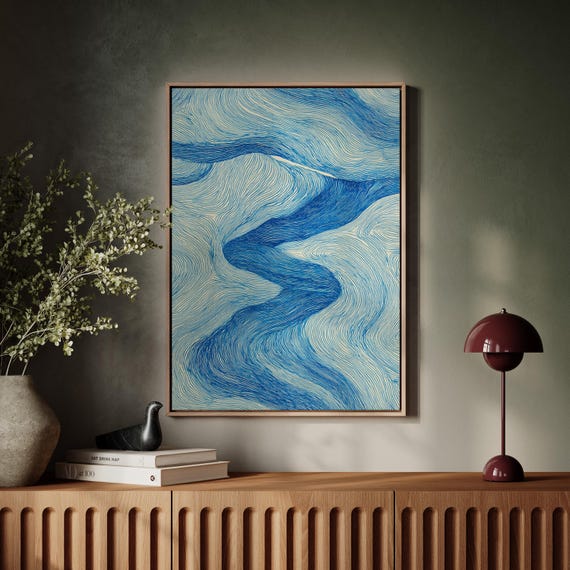 流れる青い川の線抽象画 - Etsy 日本