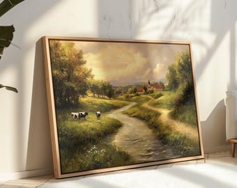 Vintage Farm River Landscape Canvas | Rustic Countryside Wall Art with Cows, Stream & Church | Serene Pastoral Scene Print