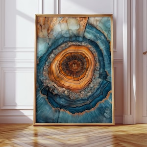 Geode Crystal Slice Canvas Wall Art – Abstract Blue and Amber Mineral Ring Poster, Earth Tone Gemstone Texture for Modern Nature Decor