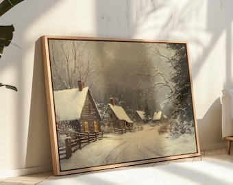 Può includere: Dipinto incorniciato di un paesaggio invernale con baite coperte di neve lungo una strada innevata. L'opera presenta una staccionata in legno, alberi spogli e una tavolozza di colori tenui, evocando tranquillità e la bellezza dell'inverno.
